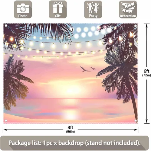 Miniatura 3 de ZTHMOE Telón de fondo de fotografía de verano rosa con puesta de sol de 8 x 6 pies, fondo de playa hawaiana Luau, decoración de fiesta de Aloha Tiki