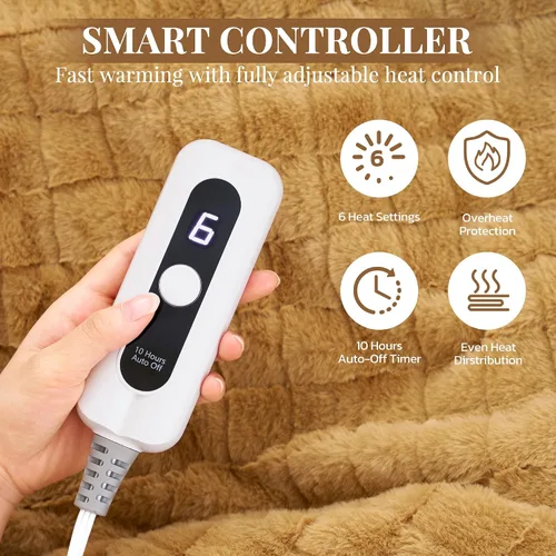 Miniatura 4 de CURECURE Manta térmica de tamaño matrimonial de 72 x 84 pulgadas, suave y cálida manta eléctrica de piel de conejo sintética con 6 niveles