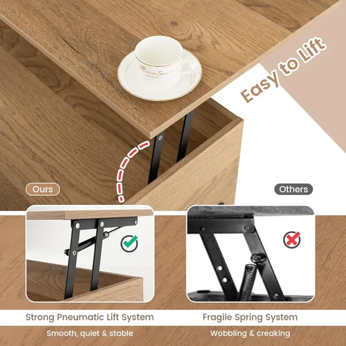 Miniatura 5 de Giantex Mesa auxiliar elevable, mesa rectangular de madera con compartimento oculto y estantes de almacenamiento abiertos, mesa central moderna