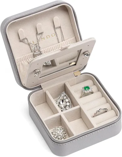 Vlando Pequeño organizador de joyas de viaje, vitrina para niñas, mujeres, regalo anillos, aretes, collares, almacenamiento con espejo gris