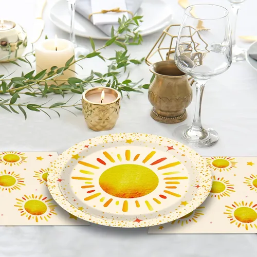 Miniatura 5 de 96 Piezas Decoraciones Primer Viaje Alrededor del Sol Sunshine Platos de Fiesta de Cumpleaños Platos Desechables Boho Sun Servilletas Folks Juego