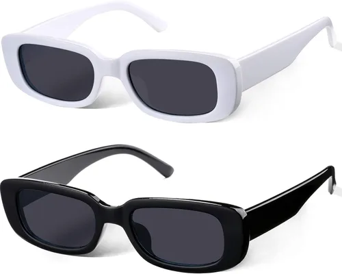 2 Pack Trendy Rectangle Sunglasses for Women Narrow Square Frame Shade 100% UV Blocking