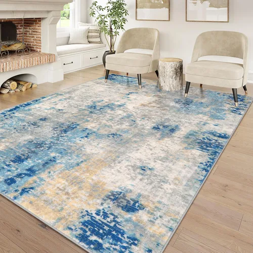 Miniatura 47 de Lahome Alfombra redonda moderna abstracta de 3 pies, color azul, lavable, de 3 x 3 pies, para cocina, entrada, suave, pequeña, antideslizante