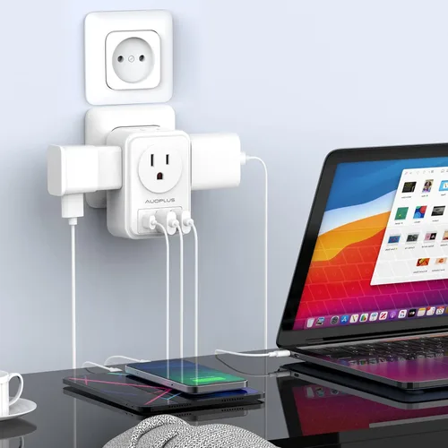 Miniatura 7 de Paquete de 2 adaptadores de enchufe de viaje europeos con USB C, adaptadores de corriente de Estados Unidos a Europa con 4 salidas de CA, 3 puertos