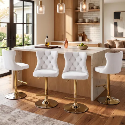 Miniatura 65 de SoarFlash Juego de 2 taburetes de bar tapizados de terciopelo moderno con patas de madera, botones acolchados, cabeza de clavo cromada, asiento