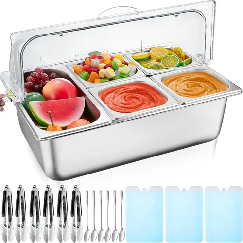 Miniatura 12 de Tessco for you 16 piezas de contenedor de condimentos para servir alimentos y especias, con tapa, para exhibición en mostrador, enfriado, de acero