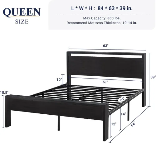 Miniatura 2 de Allewie Base de cama de plataforma tamaño Queen con cabecera y estribo de madera, soporte de 12 listones de metal resistente, no necesita somier