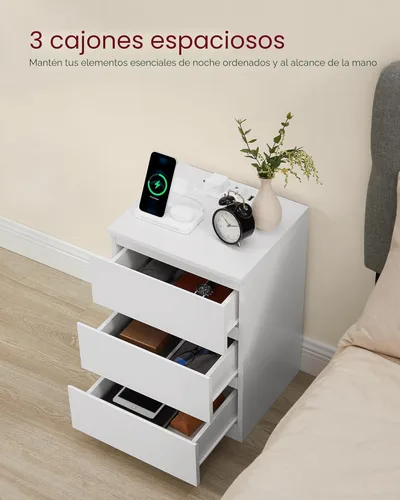 Miniatura 5 de VASAGLE Mesita de noche con estación de carga, 2 salidas de CA y 2 puertos USB, mesita de noche, mesa auxiliar con 3 cajones, estilo moderno, 13.8 x
