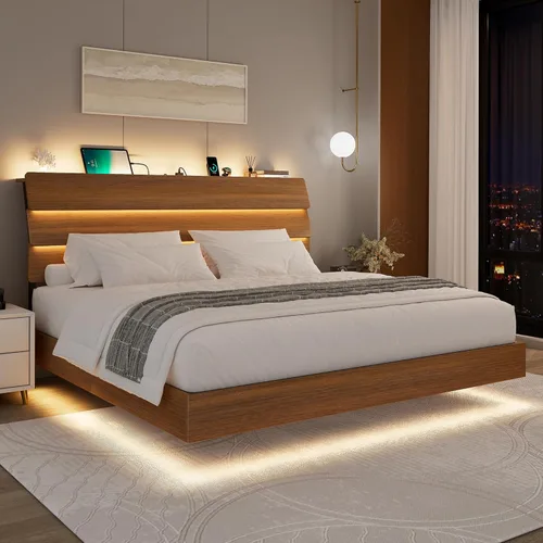 Miniatura 9 de Feonase Base de cama flotante tamaño Queen con luces LED y estación de carga, base de cama de madera tamaño Queen con cabecero de almacenamiento