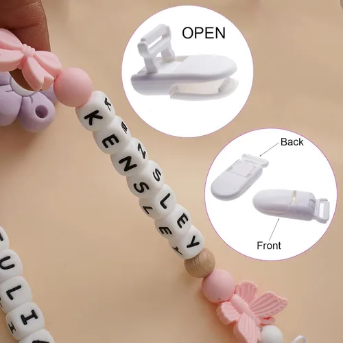 Miniatura 3 de Clip personalizado para chupete con nombre, soporte para chupete personalizado con nombre, juegos de regalo para bebés recién nacidos (mariposa)