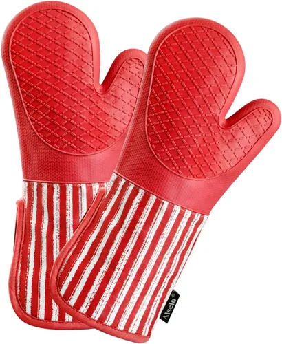 Miniatura 22 de Alselo Guantes de horno de silicona resistentes al calor 932℉ con impermeables y antideslizamiento, juego de 2 guantes de horno extra largos