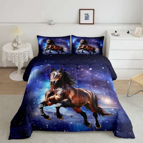 Miniatura 12 de Feelyou Juego de edredón tamaño individual con diseño de caballo y cerezo en flor de galope para niños, adolescentes, edredón occidental, decoración