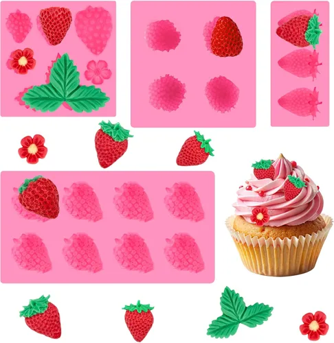 Puyeipt 4 moldes de silicona de fresa, moldes de fondant de fresa 3D para chocolates, dulces, decoraciones de pasteles, adornos para cupcakes,