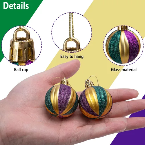 Miniatura 3 de Watayo 24 adornos de bola con purpurina – Bolas colgantes inastillables de 1.6 pulgadas, bolas de árbol moradas, doradas y verdes para fiestas