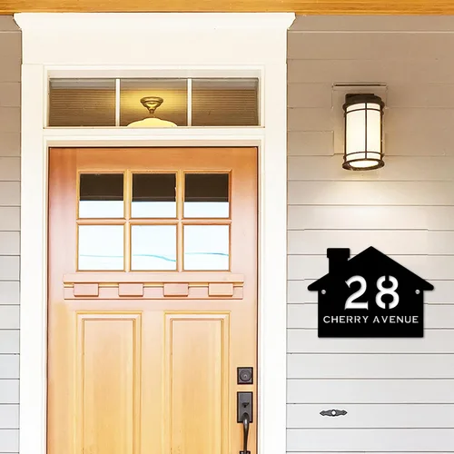 Miniatura 2 de Letrero de número de casa con forma de casa contemporánea personalizada con números y nombre de calle, placa de forma de casa, placa de dirección