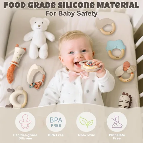 Miniatura 5 de Juego de sonajeros y mordedores para bebés de 0 a 6 meses, juguetes de dentición de 3 a 6 meses, juguetes sensoriales con texturas suaves, sonidos