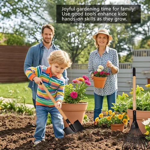 Miniatura 6 de Juego de rastrillo y pala para niños, 2 piezas, herramientas de jardín, cabeza de metal con mango de madera, gran regalo de jardinería para niños