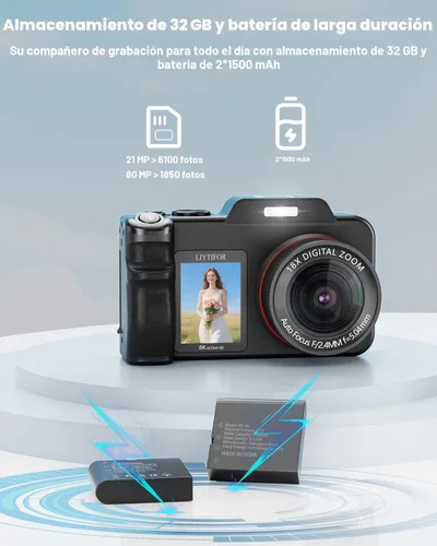 Miniatura 8 de Cámaras digitales 5K para fotografía: Actualización 2026 80MP 3.5 "+2" Pantalla dual para autoencuadre 18X Zoom Cámara de vlogging de enfoque