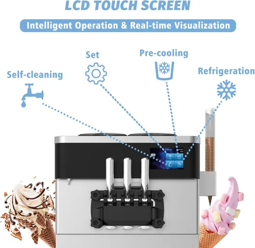 Miniatura 7 de Máquina comercial para hacer helados, 110 V, 2200 W, 3 sabores para encimera, suave, 5,3 a 7,4 galones/H, preenfriamiento, pantalla táctil LCD