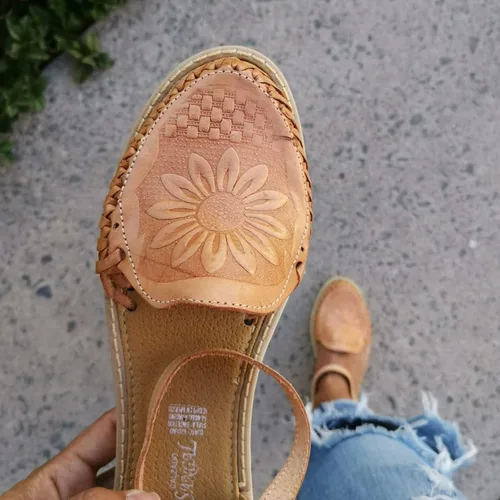 Miniatura 3 de Macarena Collection Sandalias Huarache para mujer sandalias de cuero colorido estilo mexicano color tostado girasol troquelado 040 Beige Bronceado