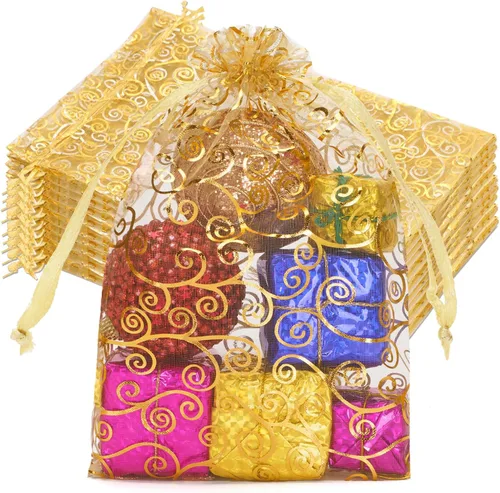 joycraft 50 bolsas de regalo de organza – 11.8 x 7.9 pulgadas, bolsas de regalo de malla dorada con cordón, bolsa de organza para regalo de San