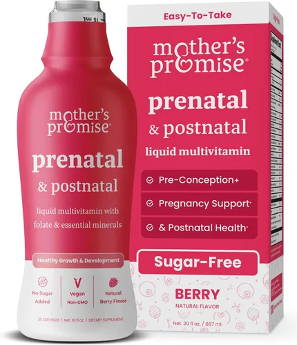 Mother's Promise Multivitamínico prenatal y posnatal para mujeres | Vitaminas prenatales líquidas sin azúcar para mujeres con folato, colina y
