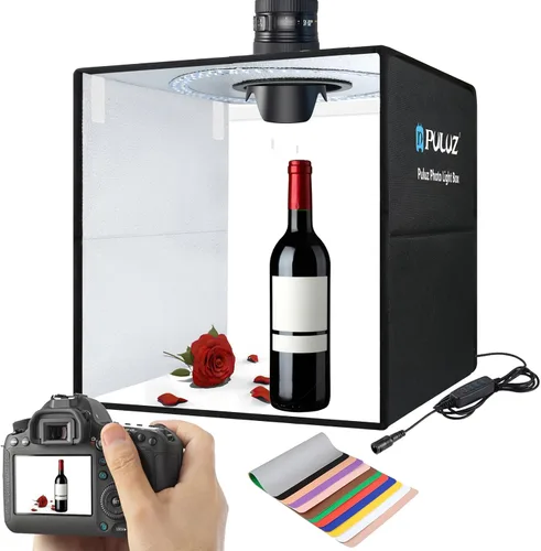 Miniatura 13 de PULUZ Caja de luz de estudio fotográfico de 10 x 10 pulgadas, caja de carpa de fotografía plegable portátil, pequeña caja de luz para tomas lightbox