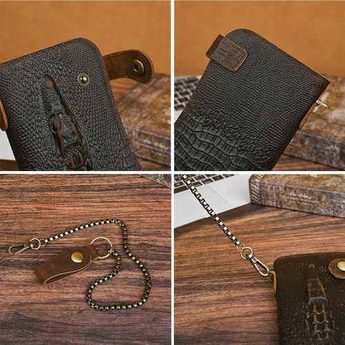 Miniatura 6 de Genuino caballo loco cuero viaje regalo moneda bolsillo tarjeta caso largo organizador cadena Rfid monedero con broche para hombres hombres 1088
