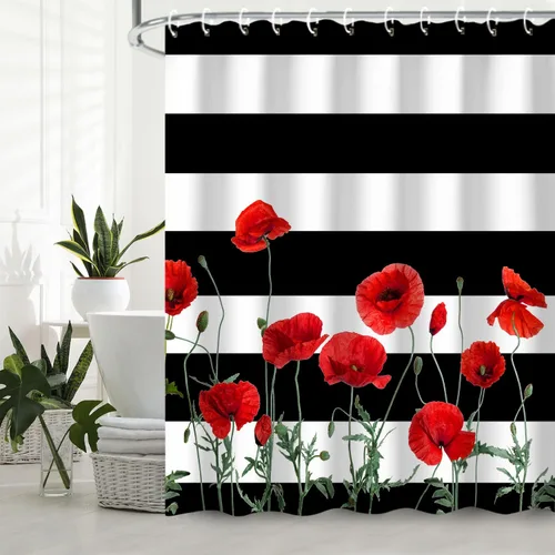 Miniatura 13 de RosieLily Cortinas de ducha florales rosas para baño, cortina de ducha de flores de acuarela para niñas, juego de cortina de ducha con ganchos
