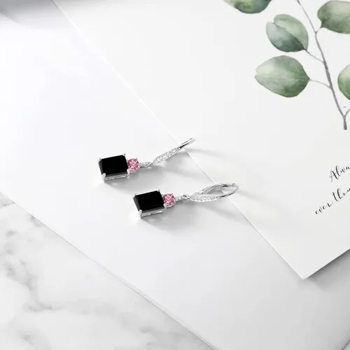 Miniatura 4 de Gem Stone King Aretes colgantes de plata de ley 925 de ónix negro octágono rosa cultivado en laboratorio de 492 quilates para mujer Gema Metal