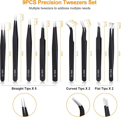 Miniatura 2 de Kaverme 9 piezas juego de pinzas de precisión, pinzas antiestáticas mejoradas de acero inoxidable, para electrónica, soldadura, trabajo