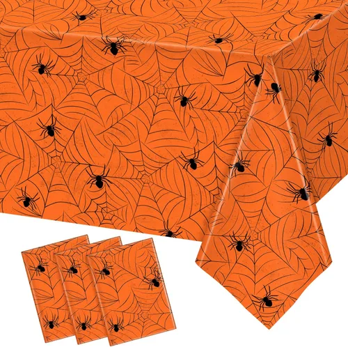 Miniatura 8 de TREWAVE Paquete de 3 manteles rectangulares de tela de araña de Halloween, manteles de plástico de gran tamaño para decoración del hogar