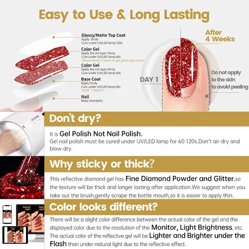 Miniatura 10 de YTD Likomey Esmalte de uñas de gel con purpurina reflectante, 15ml, esmalte de uñas de diamante brillante color rojo, uñas brillantes y brillantes