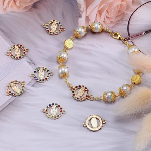 Miniatura 8 de 36 piezas de dijes de aleación con esmalte de la Virgen María, pedrería, medalla milagrosa, eslabones, dijes para pulsera, conexión, crucifijo