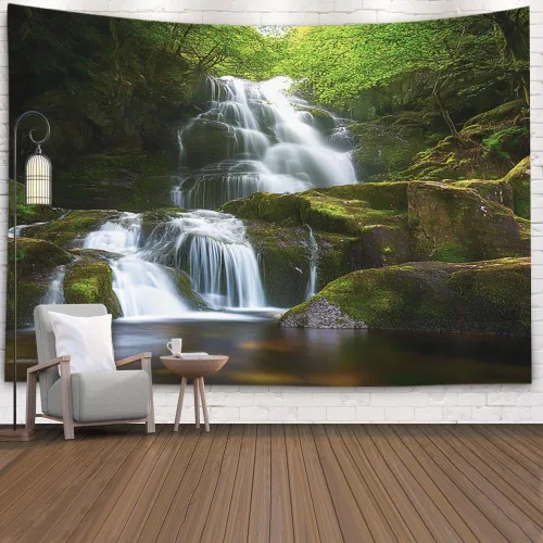 Miniatura 42 de EMMTEEY Tapiz de pared con bosque - Árbol de pino verde y niebla, arte de pared natural, 80x60 pulgadas, tapiz grande de estilo bohemio para sala