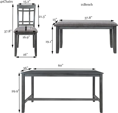 Miniatura 4 de Juego de mesa de comedor de madera de 6 piezas, juego de mesa de cocina con rectangular, juego de mesa de comedor con banco tapizado y 4 sillas