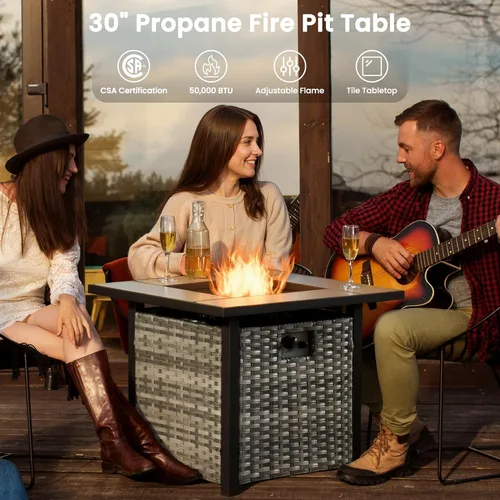 Miniatura 5 de ovios Juego de muebles de patio de 7 piezas con mesa cuadrada para hoguera, sillas mecedoras giratorias, juego de conversación de mimbre de respaldo