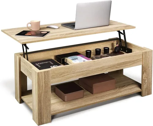 Miniatura 9 de CAPHAUS Mesa auxiliar elevable con almacenamiento y compartimento oculto, mesa elevadora para sala de estar, estante inferior abierto, 41 pulgadas