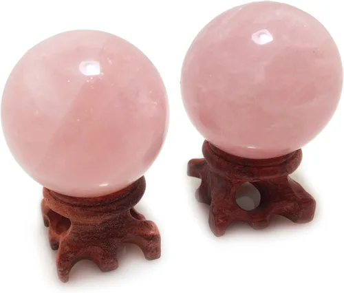 Miniatura 3 de Polar Jade Juego de 2 esferas de cristal de cuarzo rosa natural con soportes de madera, bolas de exhibición pulidas a mano de 45 mm (1.8")