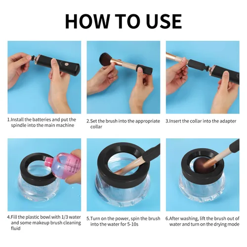 Miniatura 8 de Senbowe Máquina limpiadora y secadora de brochas de maquillaje mejorada, cepillo giratorio automático eléctrico para cosméticos con collares de goma