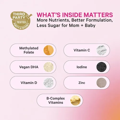 Miniatura 2 de Pink Stork Vitaminas gomosas prenatales prémium Algas veganas DHA + folato metilado + metilcobalamina Apto para MTHFR Sin hierro Sin regusto