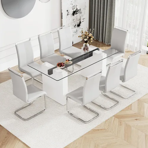 Miniatura 8 de Juego de mesa de comedor de vidrio de 71 pulgadas para 6, mesa de comedor para 6, mesa de vidrio templado con marco de MDF blanco y 6 sillas