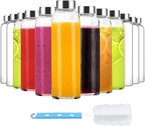 Luxfuel Botellas de vidrio transparente con tapas de 18 onzas, botellas de agua de vidrio reutilizables con tapa de acero inoxidable para jugos,