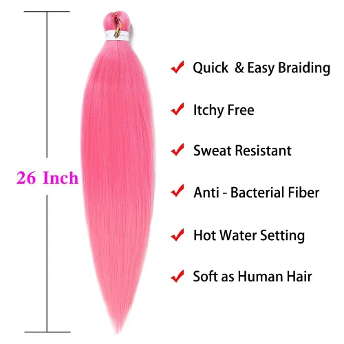 Miniatura 2 de Cabello trenzado rosa preestirado, fácil de trenzar, textura Yaki, pelo sintético profesional trenzado de 26 pulgadas, ajuste de agua caliente