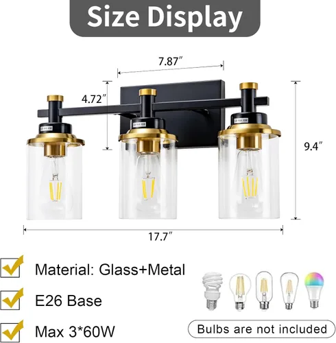 Miniatura 4 de Accesorios de Luz de Baño de 3 Luces, Accesorio de Luz de Tocador Negro y Dorado Cepillado Sobre Espejo, Apliques de Pared Modernos Iluminación