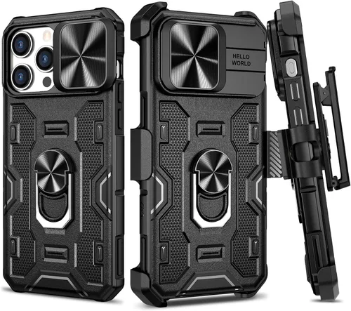 Miniatura 15 de VEGO Funda para iPhone 13 y iPhone 14 con soporte de clip para cinturón, cubierta deslizante para cámara y soporte magnético giratorio de 360°
