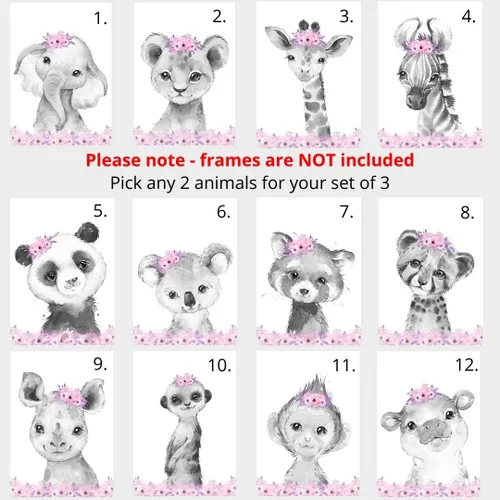 Miniatura 2 de Juego de 3 pósteres de animales de safari para niñas, habitación del bebé, sin marco, con nombre personalizado, flores rosas o moradas, decoración