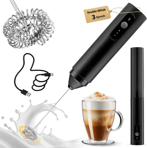 TonJin Espumador de leche recargable de mano con cubierta de viaje, batidor eléctrico ajustable de 3 velocidades para café, café con leche,
