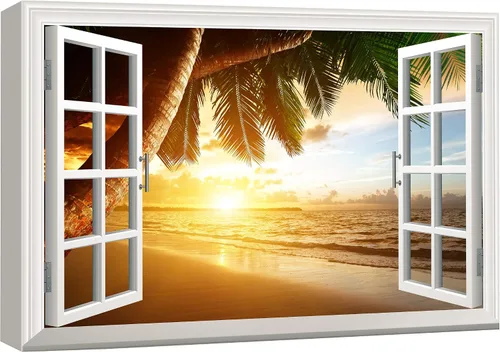 Miniatura 16 de wall26 Lienzo impreso para pared, vista de ventana a barco y playa tropical, isla de naturaleza, desierto, fotografía, realismo, paisaje rústico
