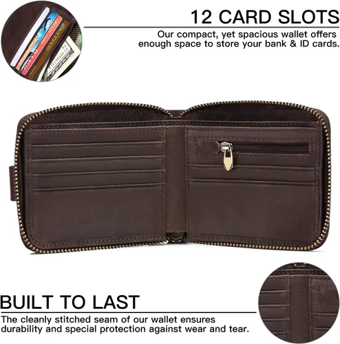Miniatura 3 de GOIACII Cartera con cremallera para hombre, de piel auténtica, con bloqueo RFID, con cremallera, bolsillo para monedas, para identificación, con Café